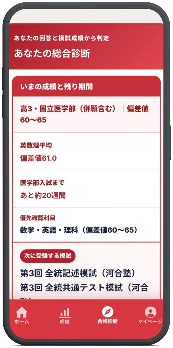 今の成績や残り期間をもとにした医学部合格判定の画面例